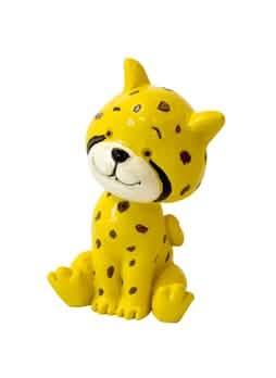 Figurina em resina de guepardo sentado amarelo com manchas castanhas