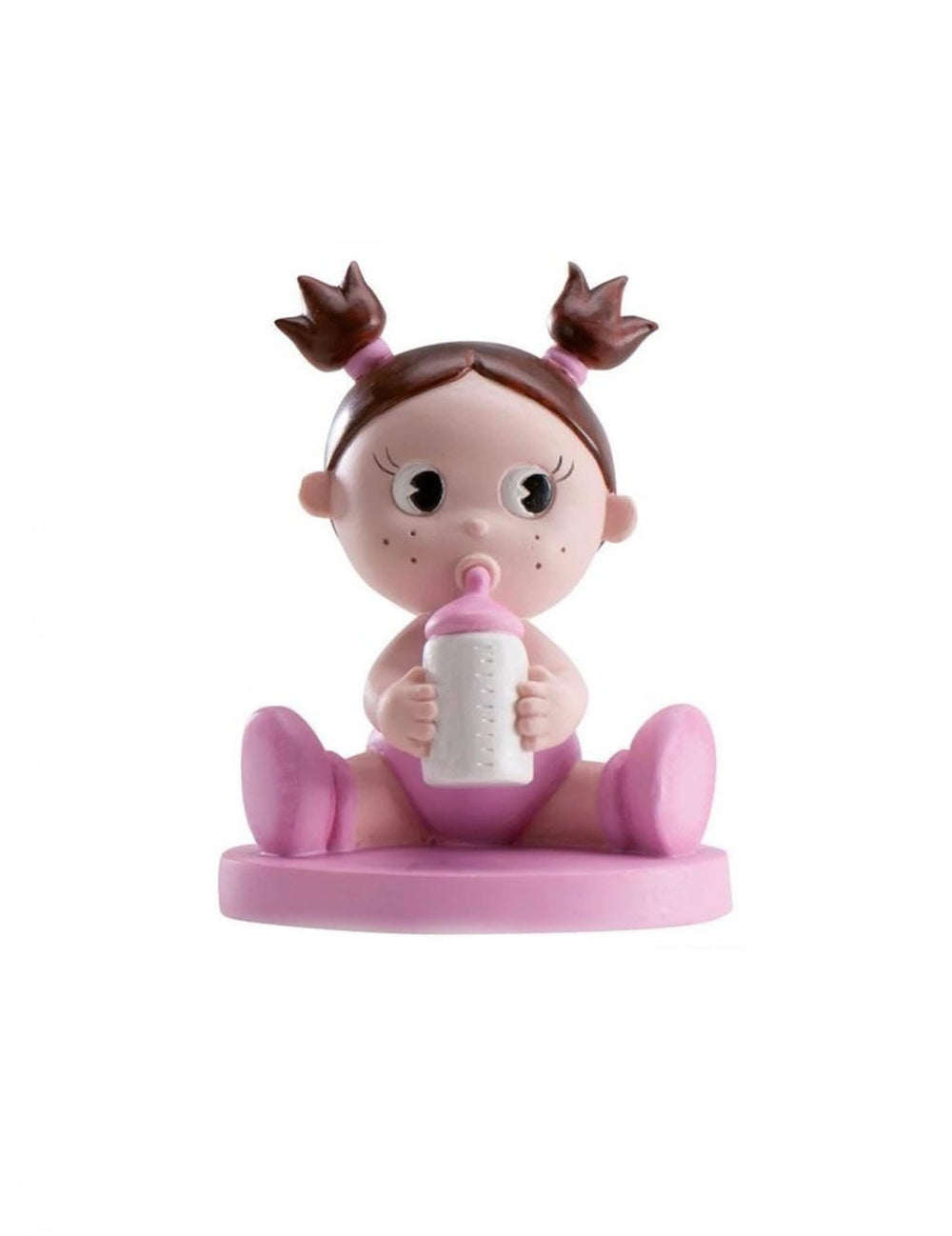 Figurina em resina menina com biberão para baby shower cor de rosa