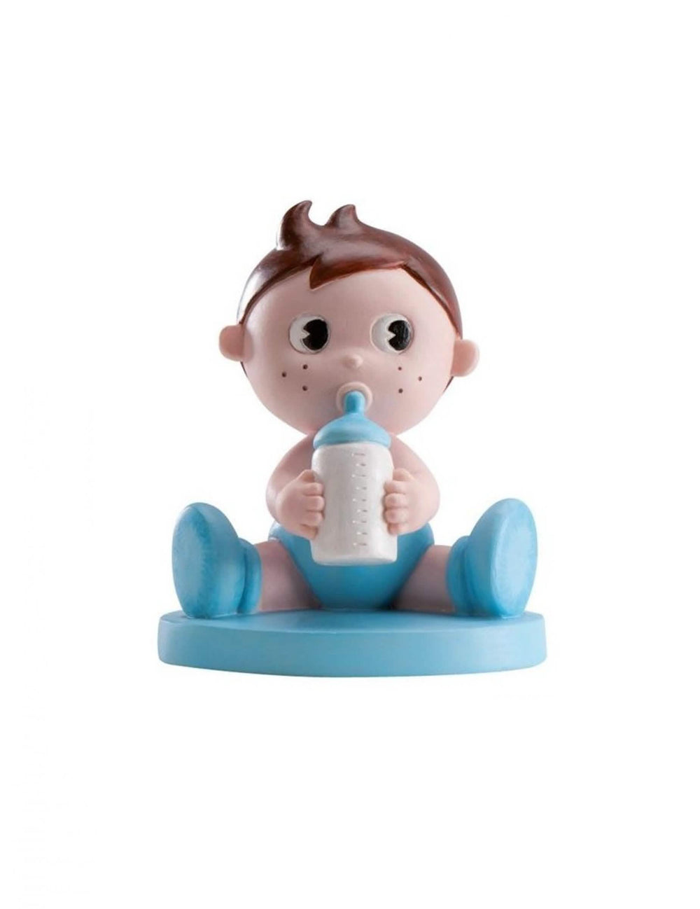 Figurinazinha em resina menino com biberão para baby shower azul