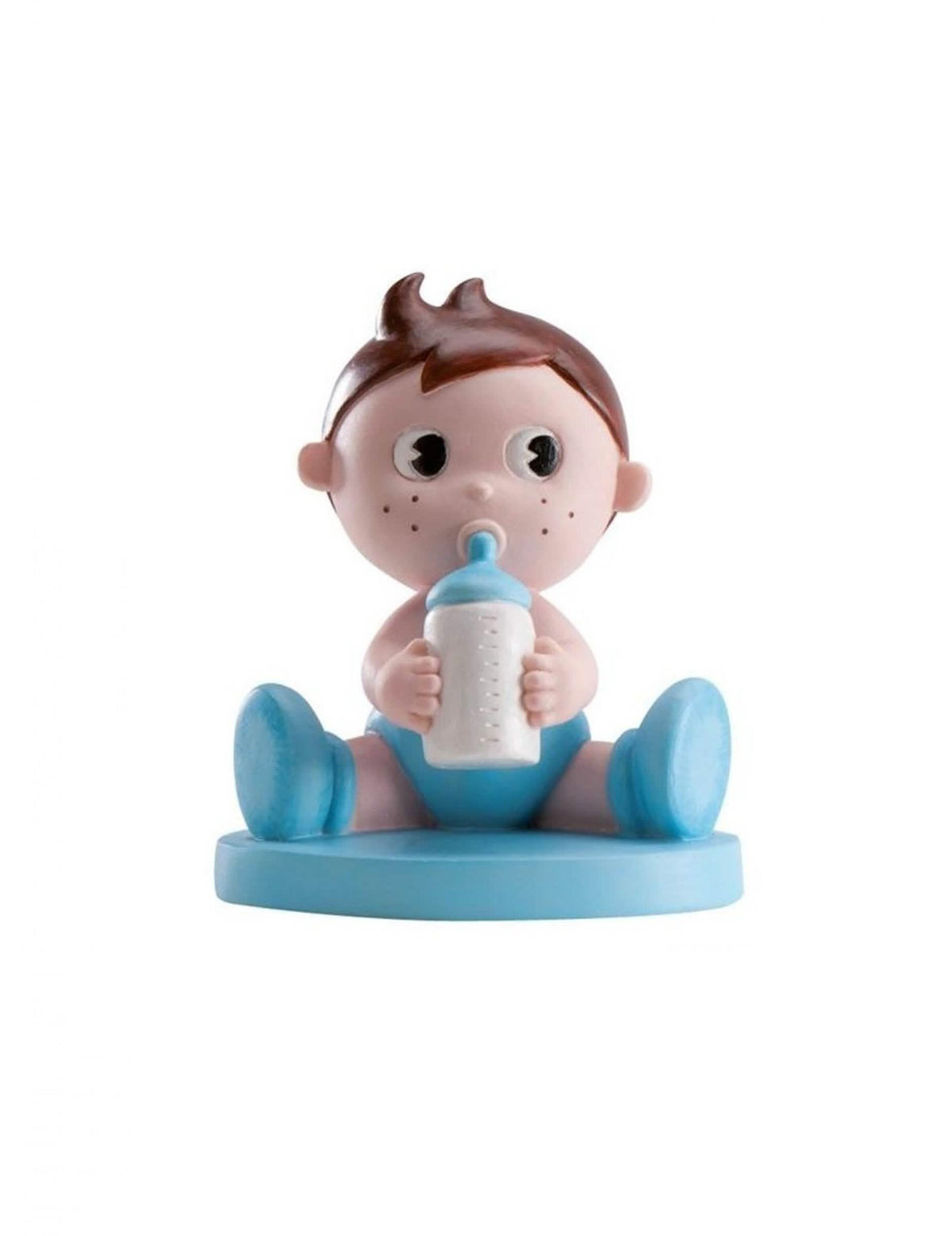 Figurinazinha em resina menino com biberão para baby shower azul