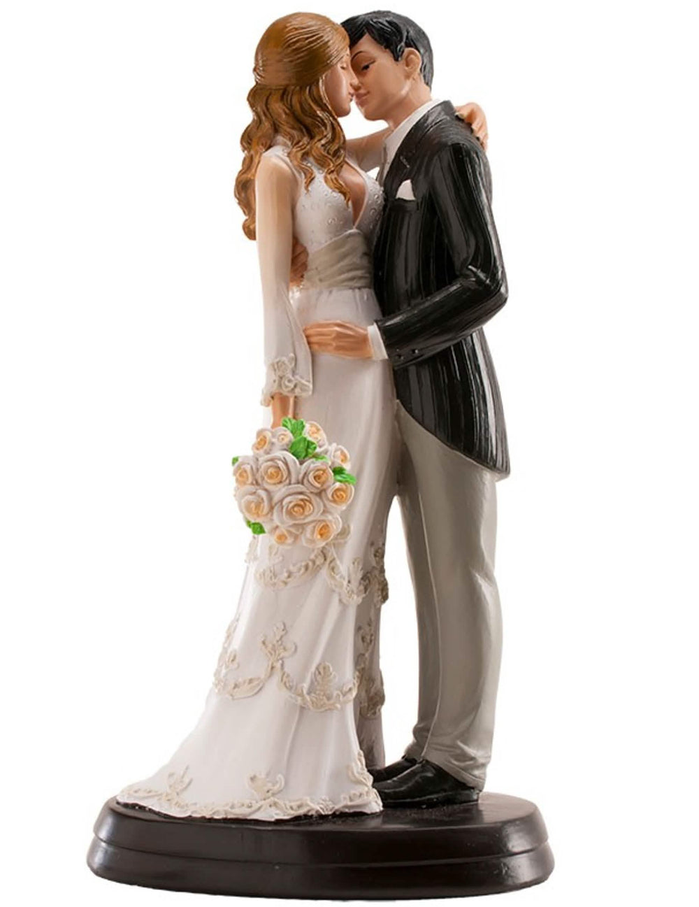 Figurinhas de noivos que se beijam para bolo de casamento branco e preto