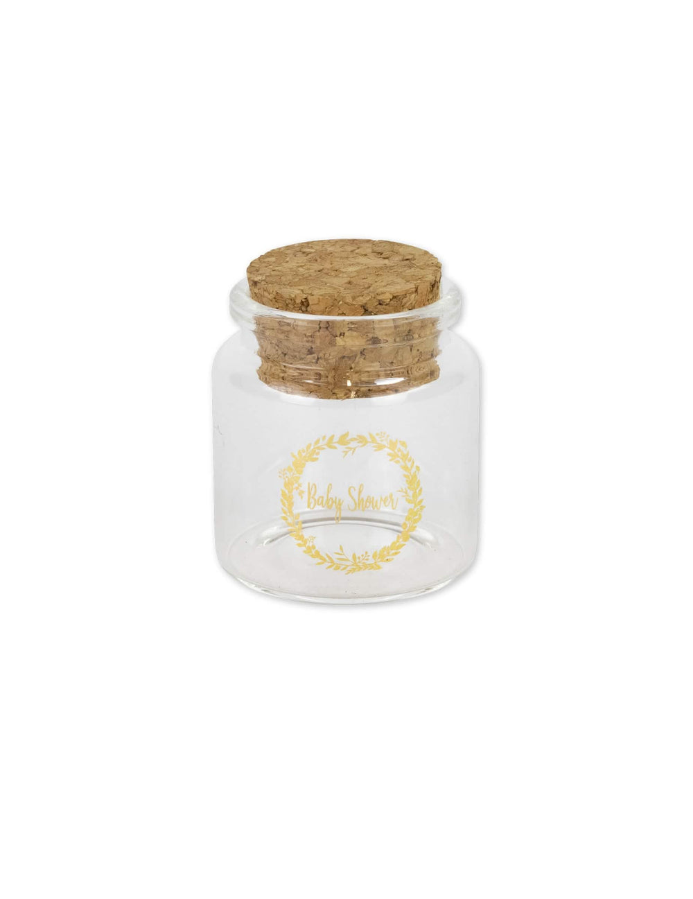 Garrafinha de vidro para baby shower para convidados com coroa vegetal dourada e rolha de cortiça
