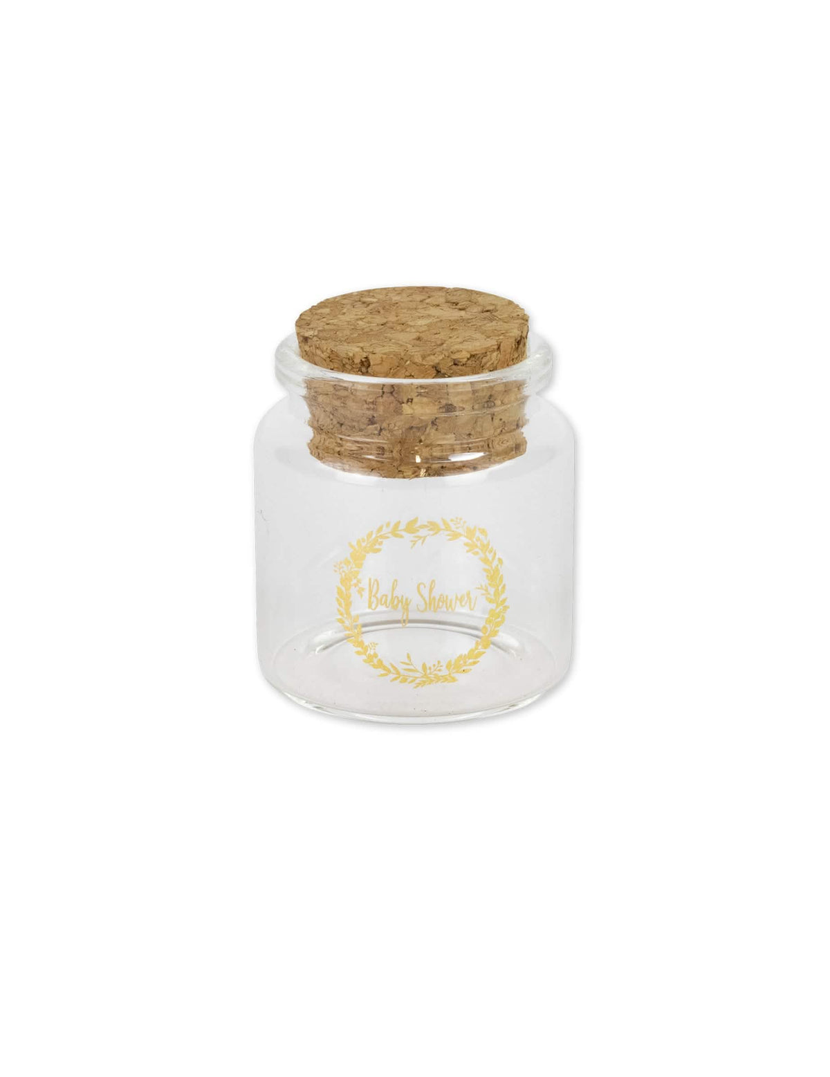 Garrafinha de vidro para baby shower para convidados com coroa vegetal dourada e rolha de cortiça