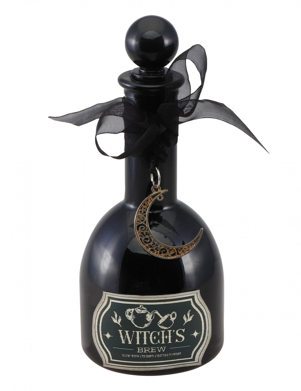 Fiole magie noire de sorcière pour Halloween noire avec pendentif croissant de lune et ruban