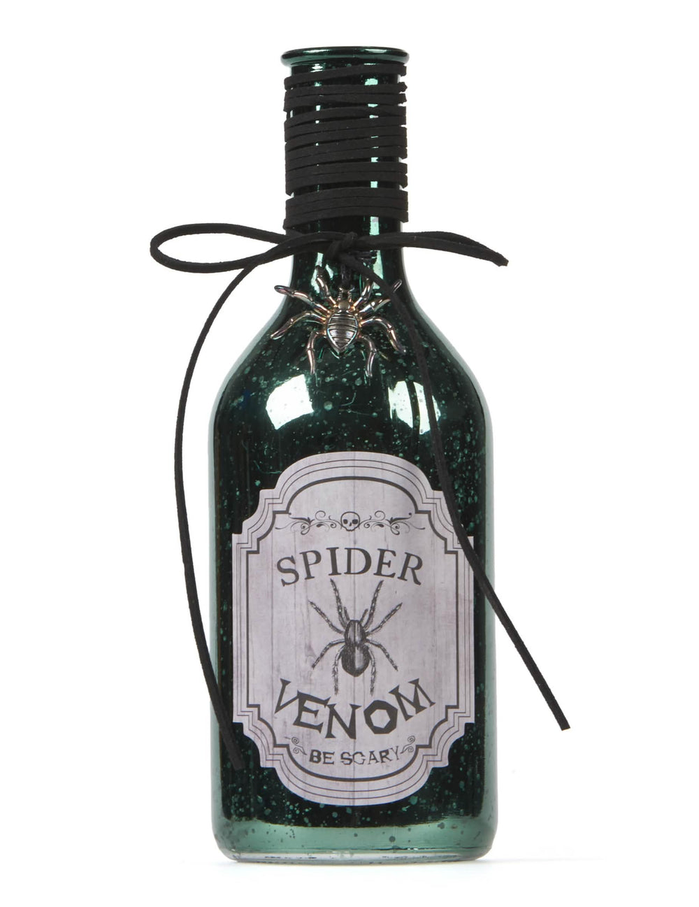 Frasco de veneno de aranha para decoração de halloween verde com aranha em relevo e cordão preto