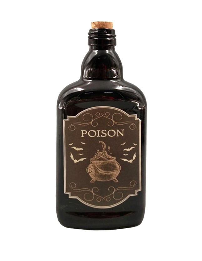 Flacon de poison pour Halloween noir avec étiquette chaudron et bouchon en liège