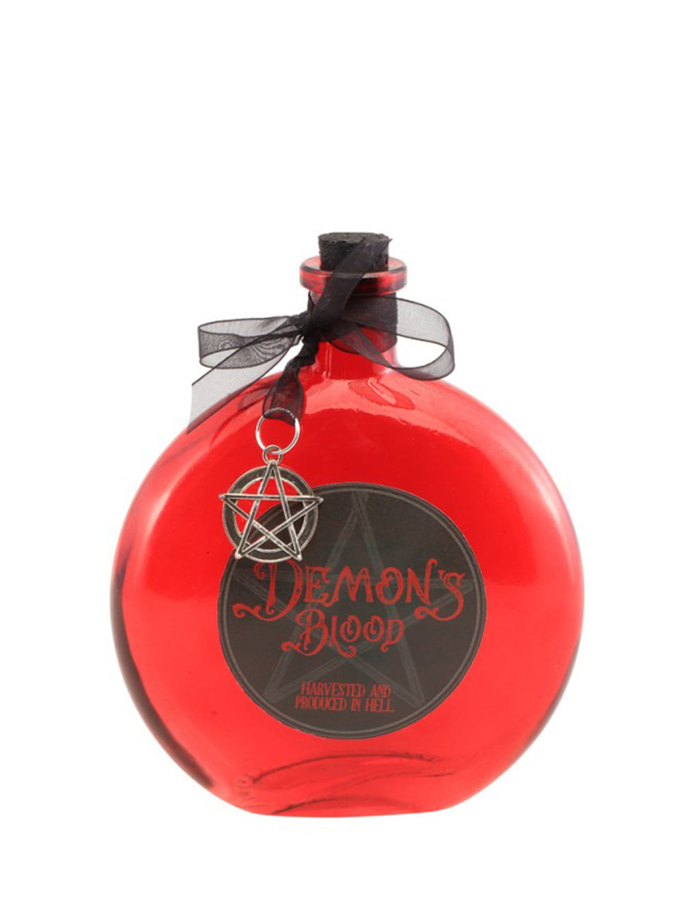Flacon sang de démon pour adulte rouge avec ruban noir et pendentif pentacle
