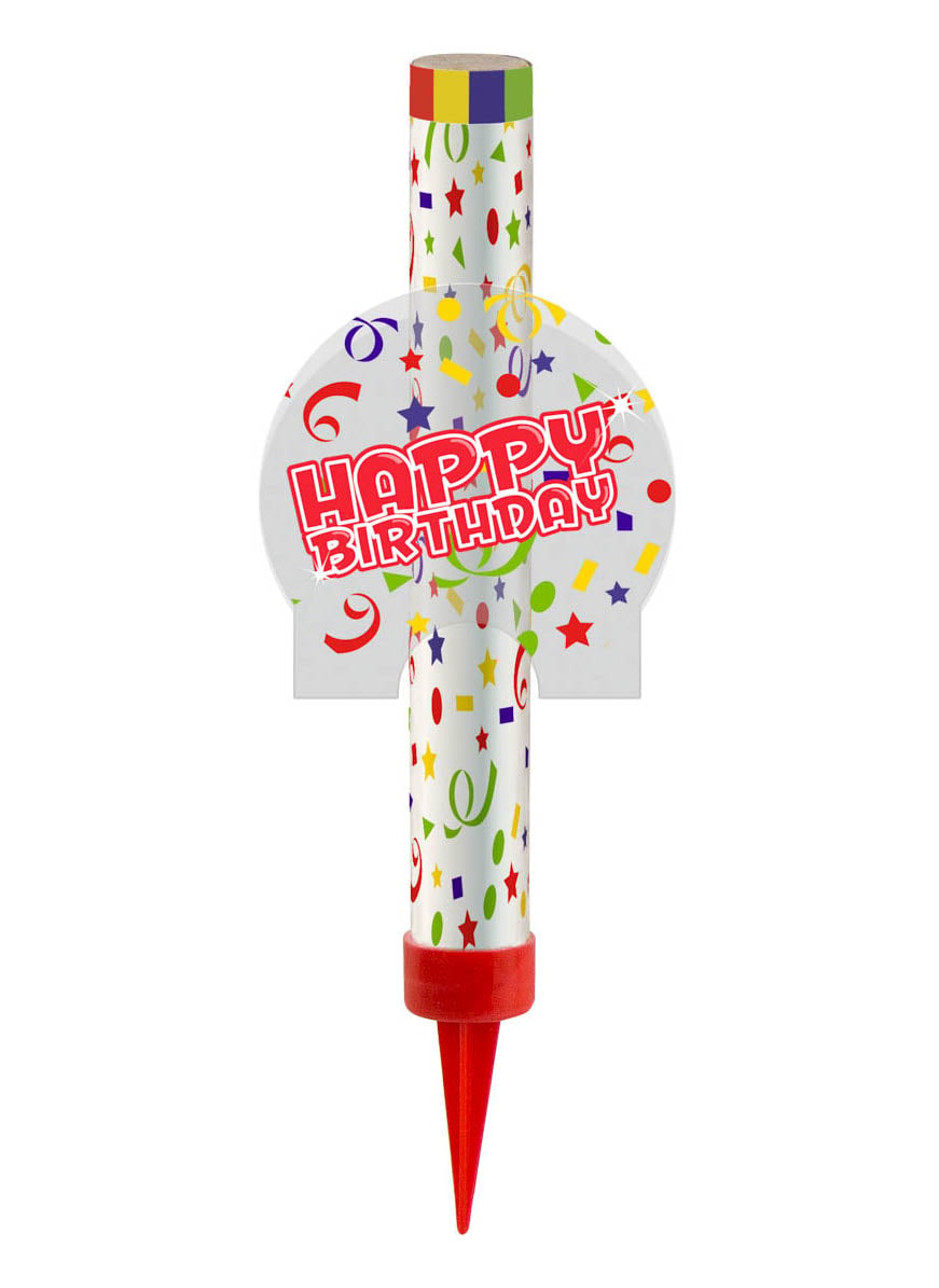 Fontaine de glace Happy Birthday pour gâteau blanche et multicolore avec confettis