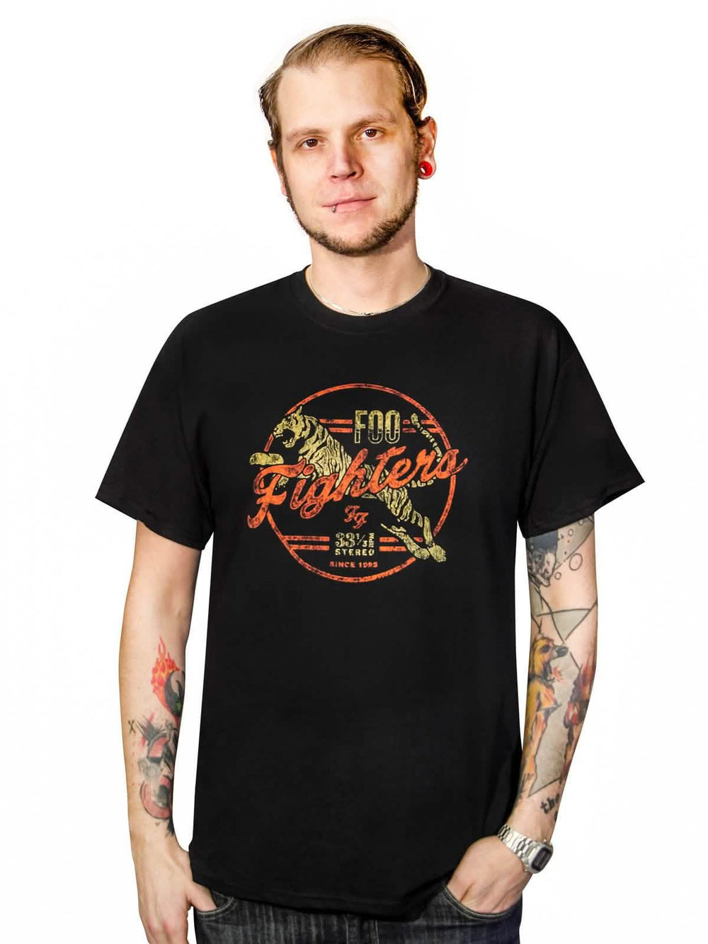 T-shirt Foo Fighters Tiger para homem preto com logótipo vermelho e amarelo