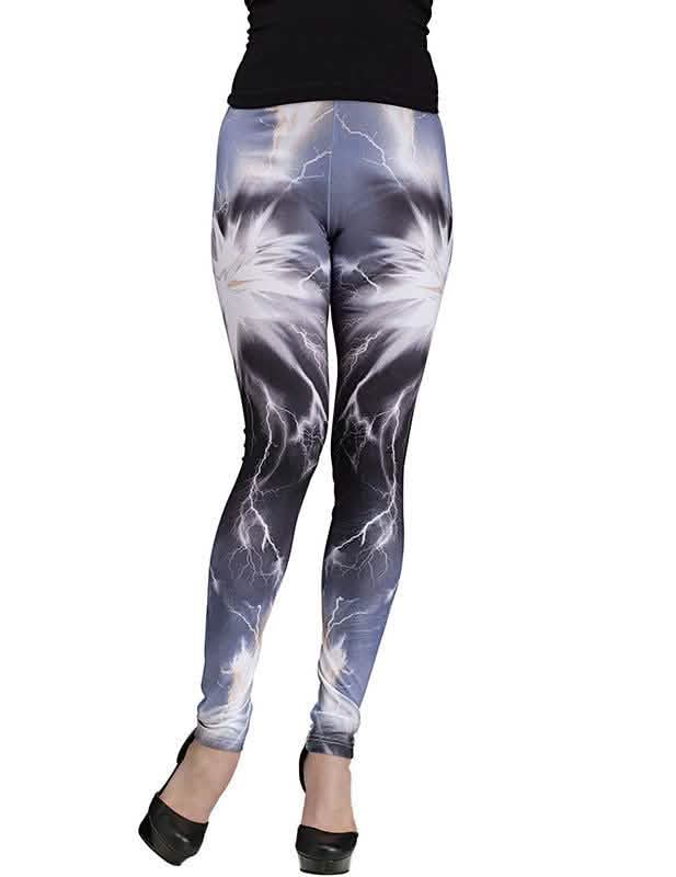 Legging galaxie para mulheres cinzento e branco com motivos de relâmpagos