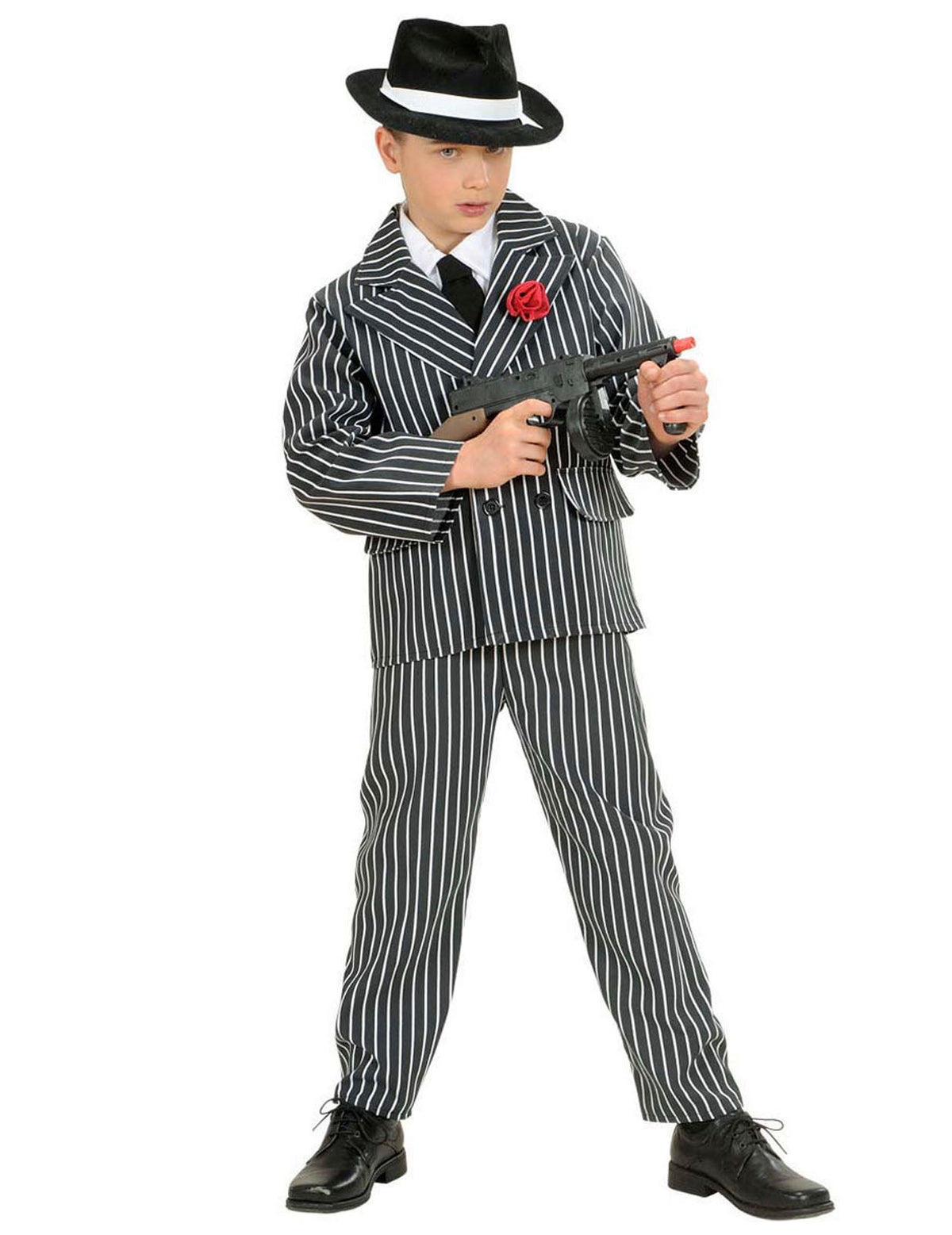 Déguisement de gangster pour garçon noir et blanc à rayures avec chapeau