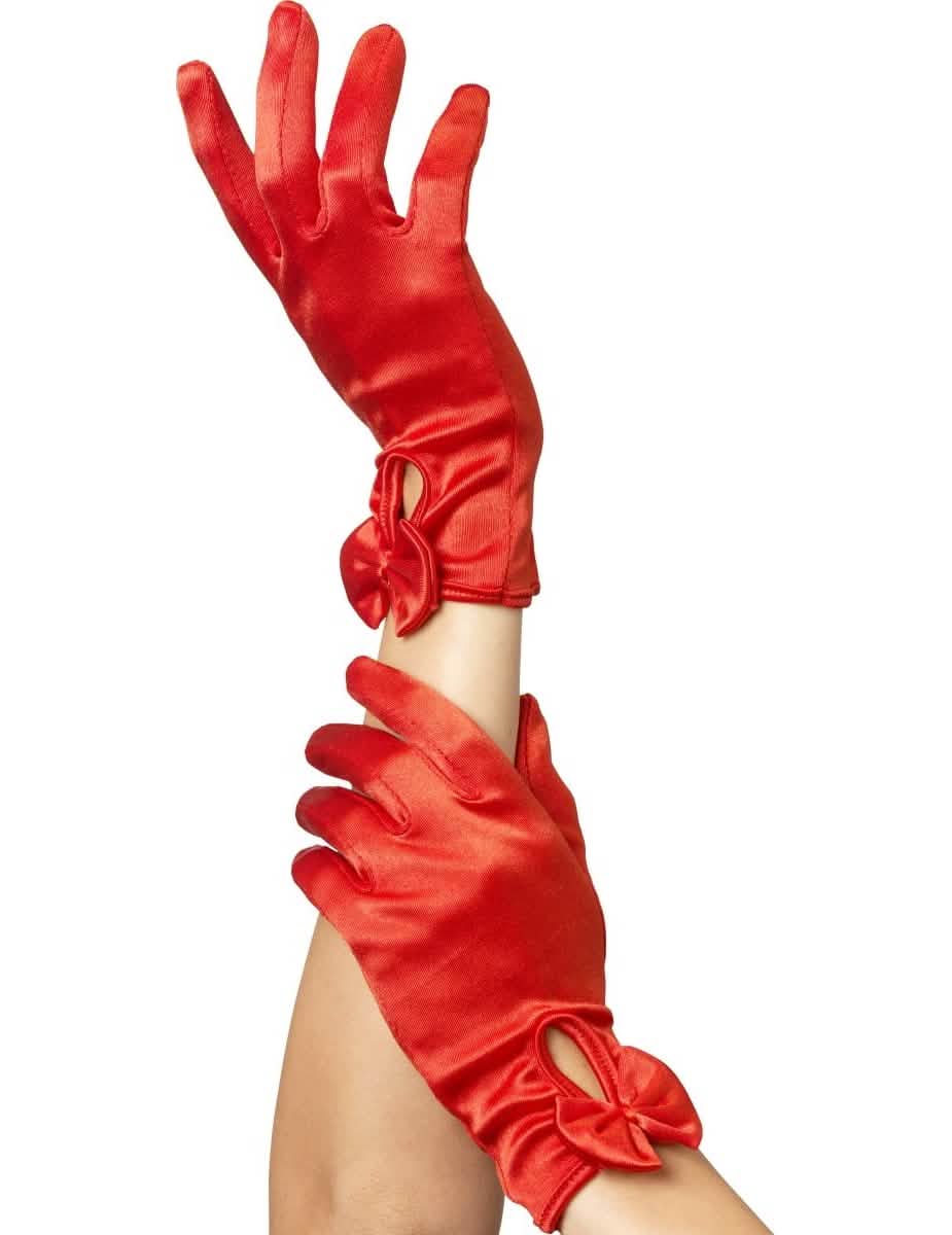 luvas curtas com laço para mulher em cetim vermelho