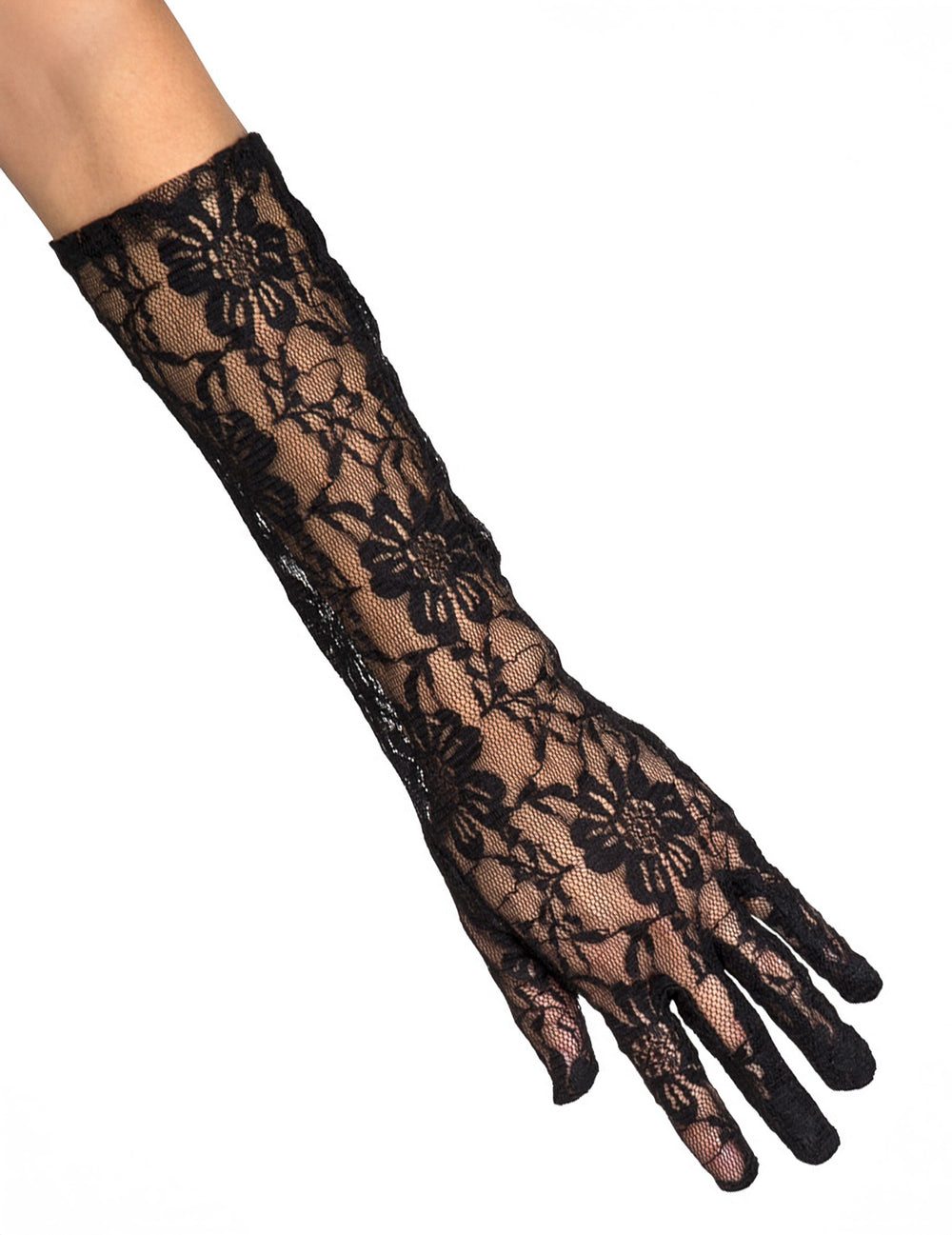 Gros plan sur le motif des gants en dentelle pour adulte noir