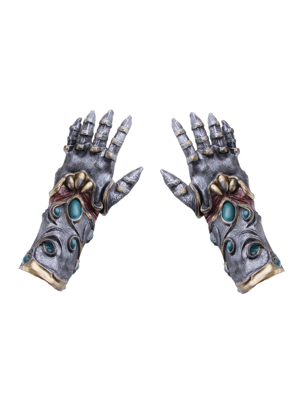 Gants de guerrier en latex pour adulte gris et or avec gemmes bleues