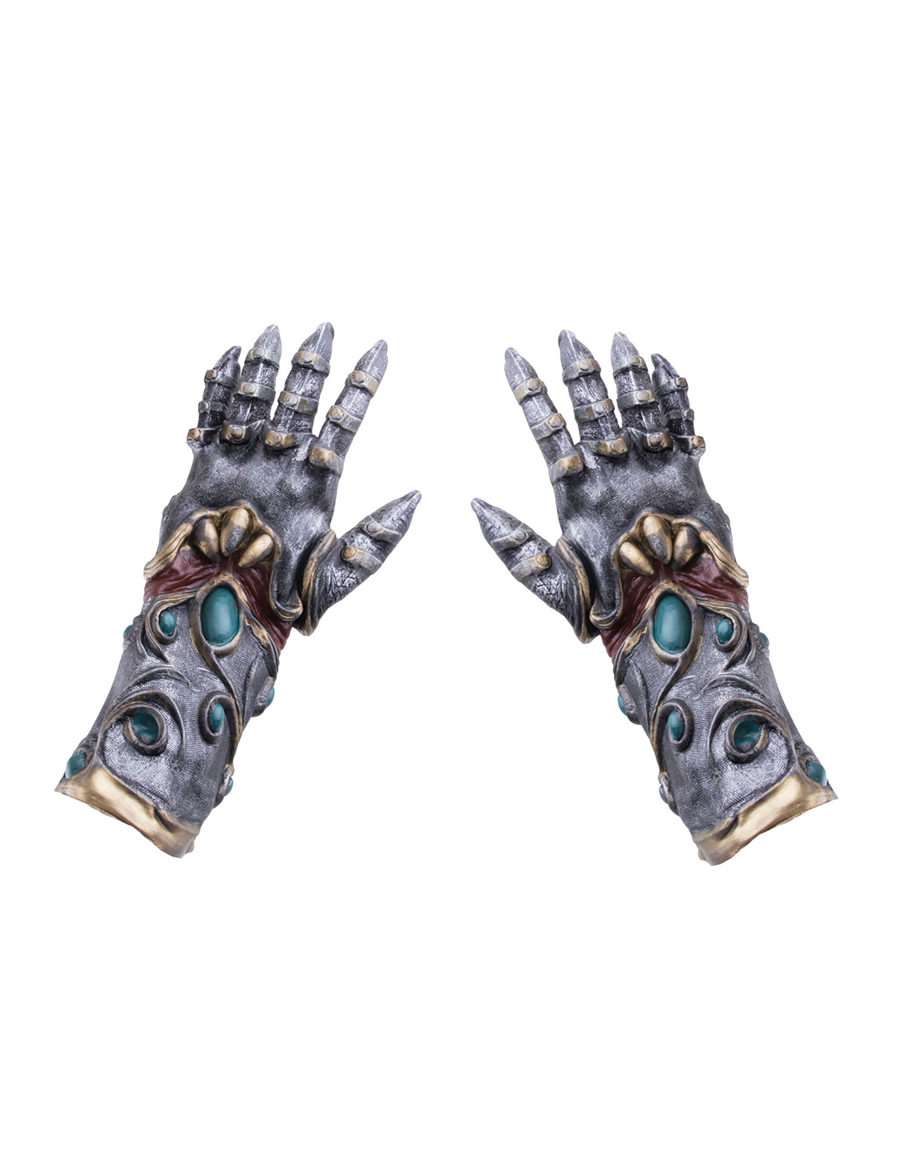 Gants de guerrier en latex pour adulte gris et or avec gemmes bleues