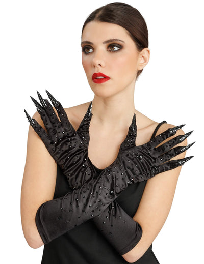 Luvas pretas com strass e unhas postiças adulto