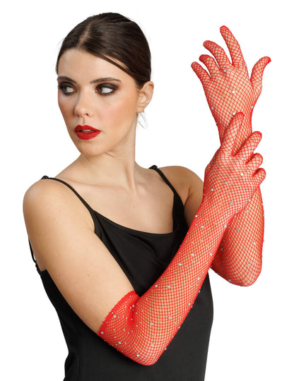 Luvas de rede vermelhas com strass adulto