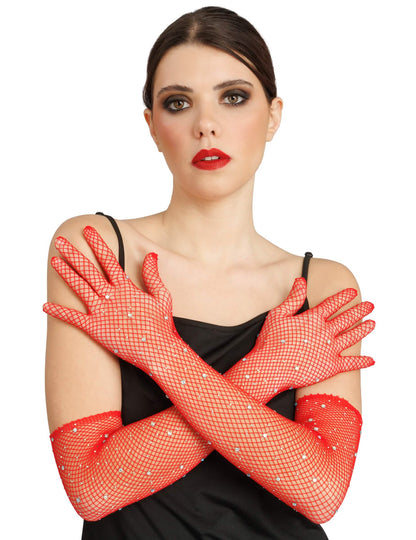Luvas de rede vermelhas com strass adulto