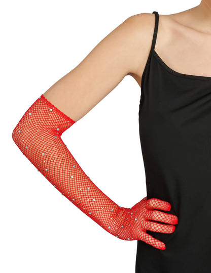 Luvas de rede vermelhas com strass adulto