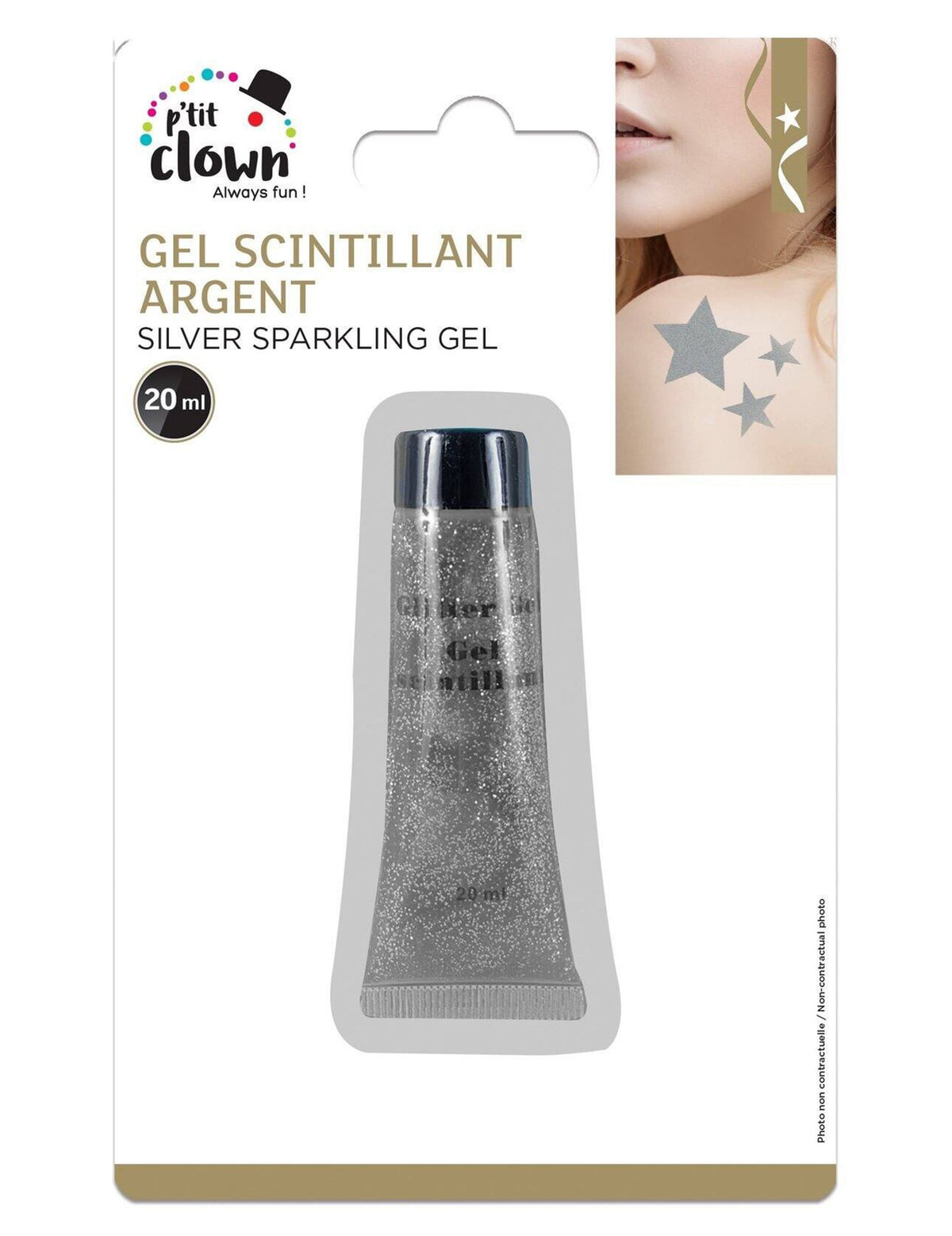 Vue de face de l'emballage du gel à paillettes argentées