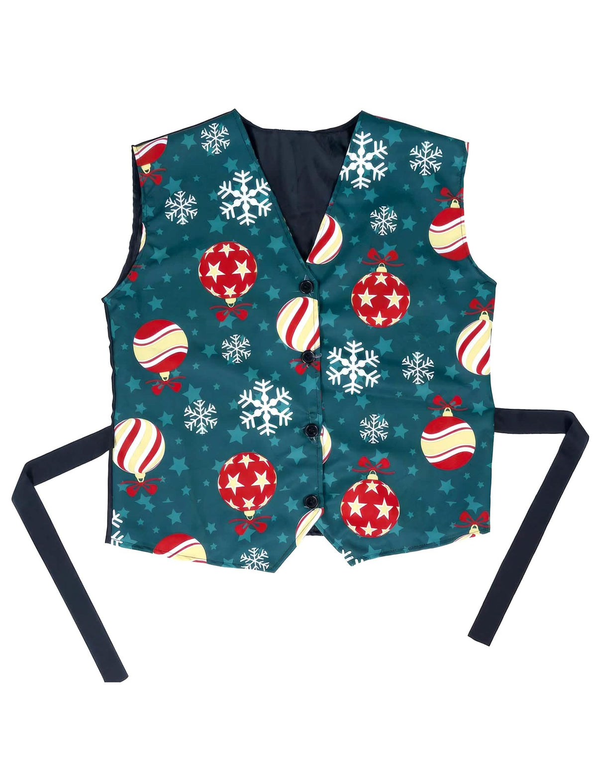 Vue de face du gilet à motifs flocons et boules de Noël pour adulte
