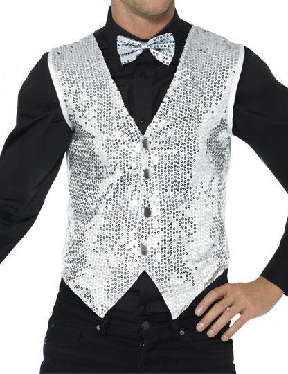 Vue de face du gilet à sequins pour adulte argent
