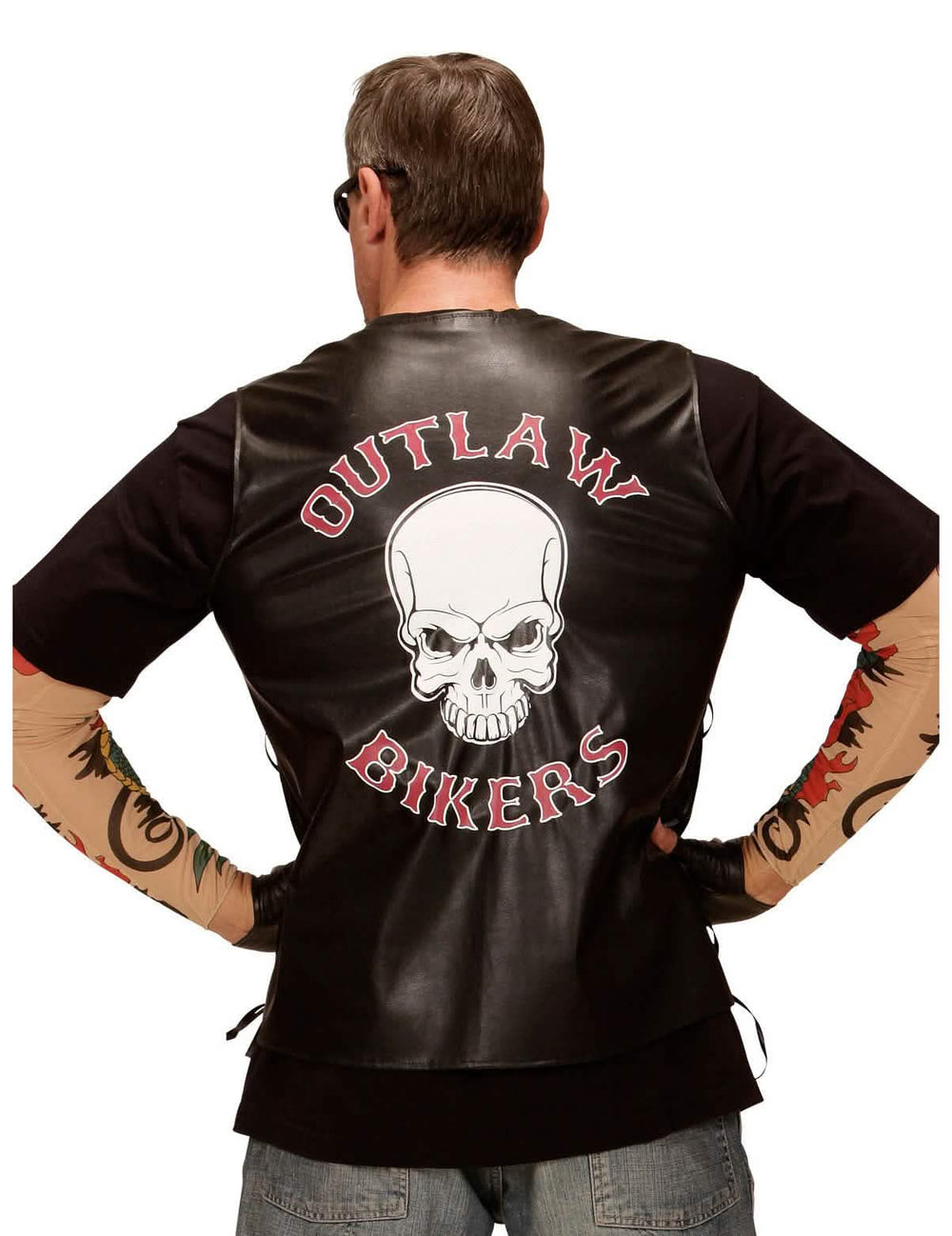 Vista de trás do colete biker para adulto com motivo de caveira