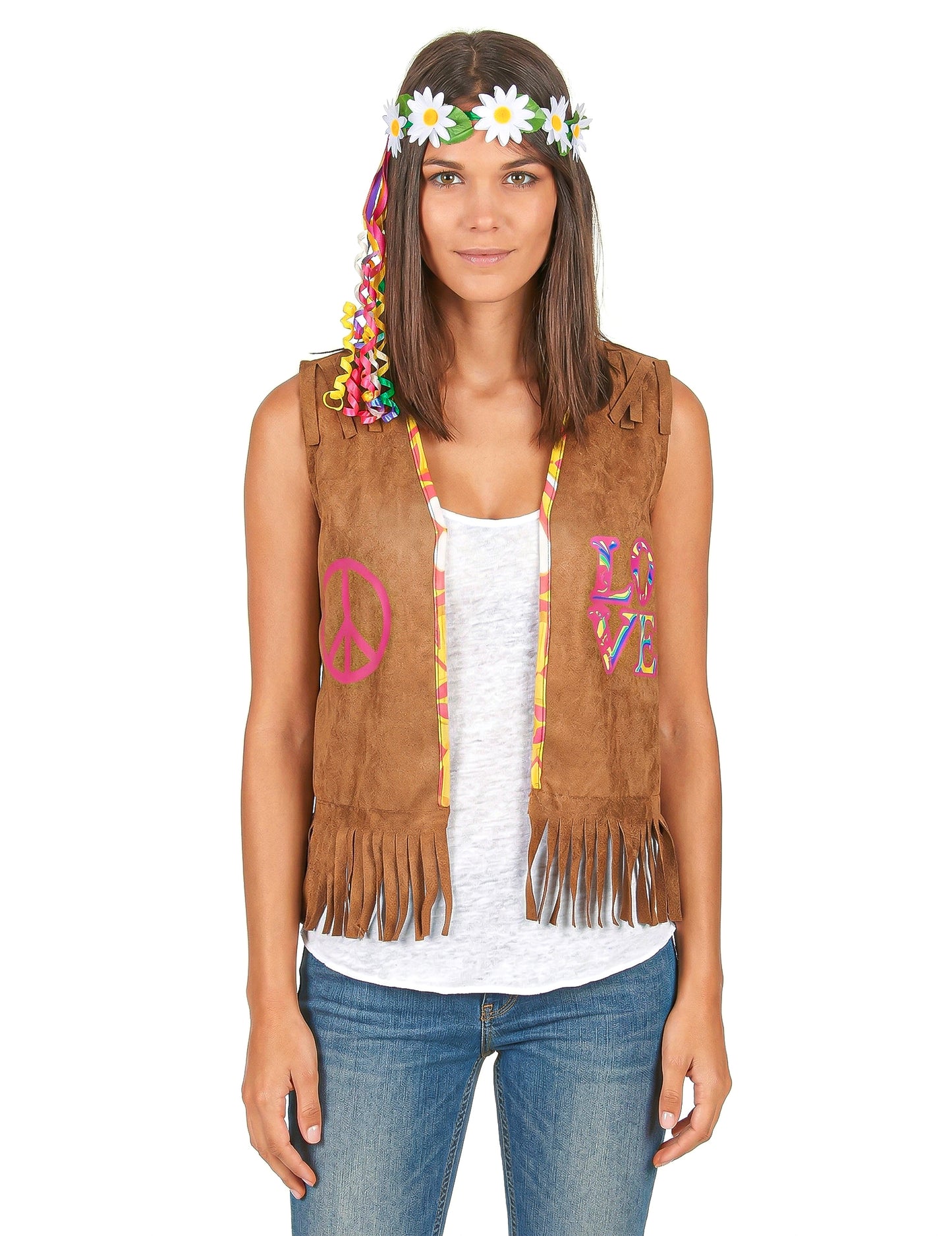 Gilet hippie pour femme marron à franges avec symboles peace and love