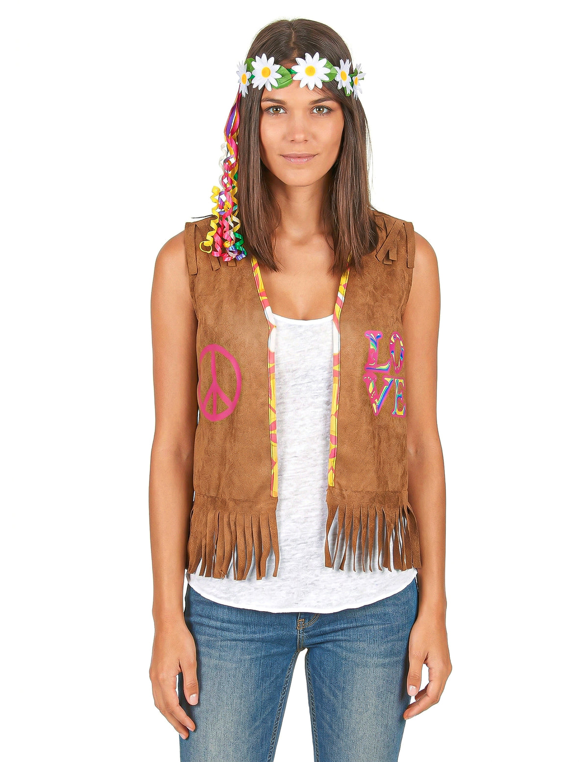 Gilet hippie pour femme marron à franges avec symboles peace and love
