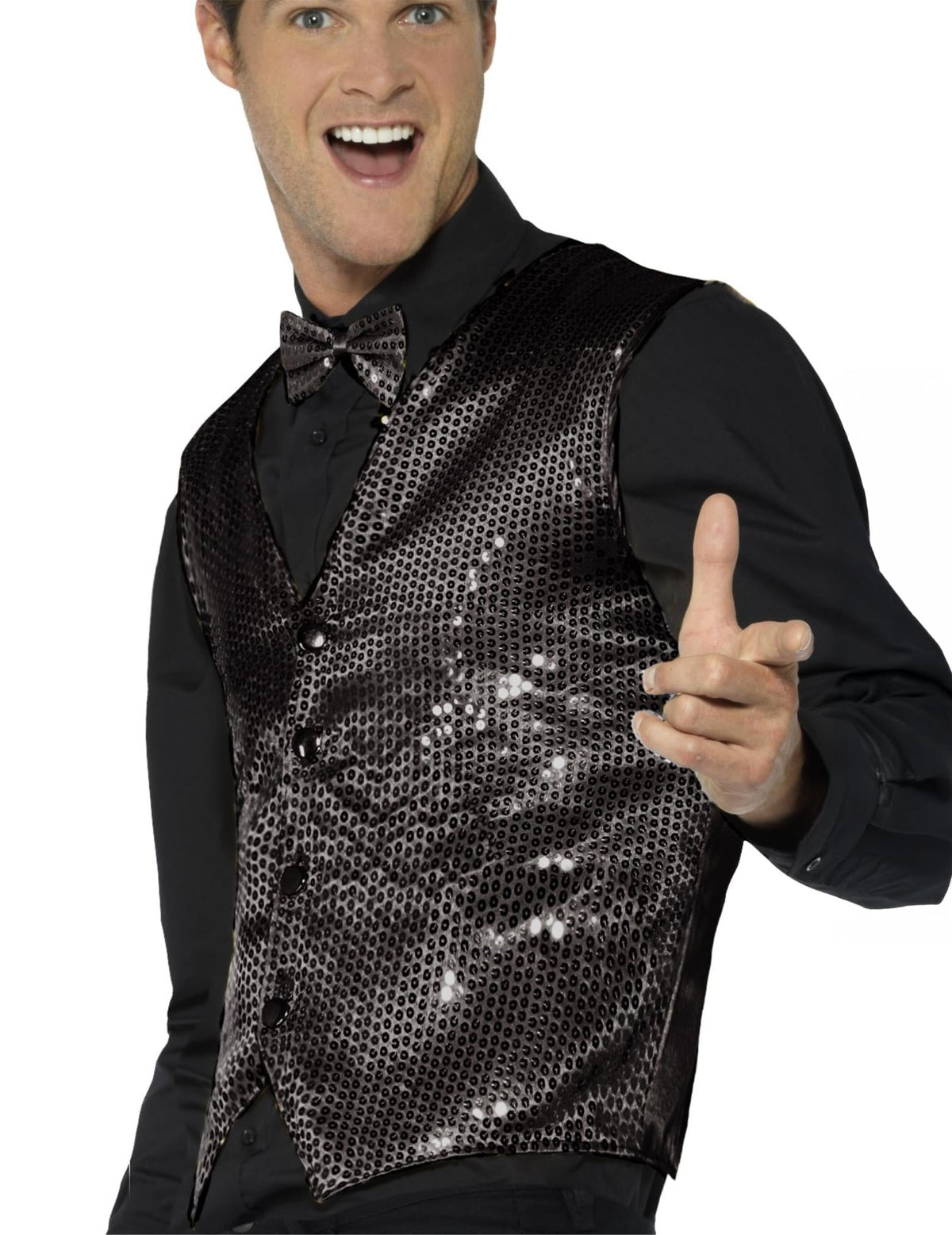 Gros plan sur les paillettes du gilet à sequins pour adulte noir