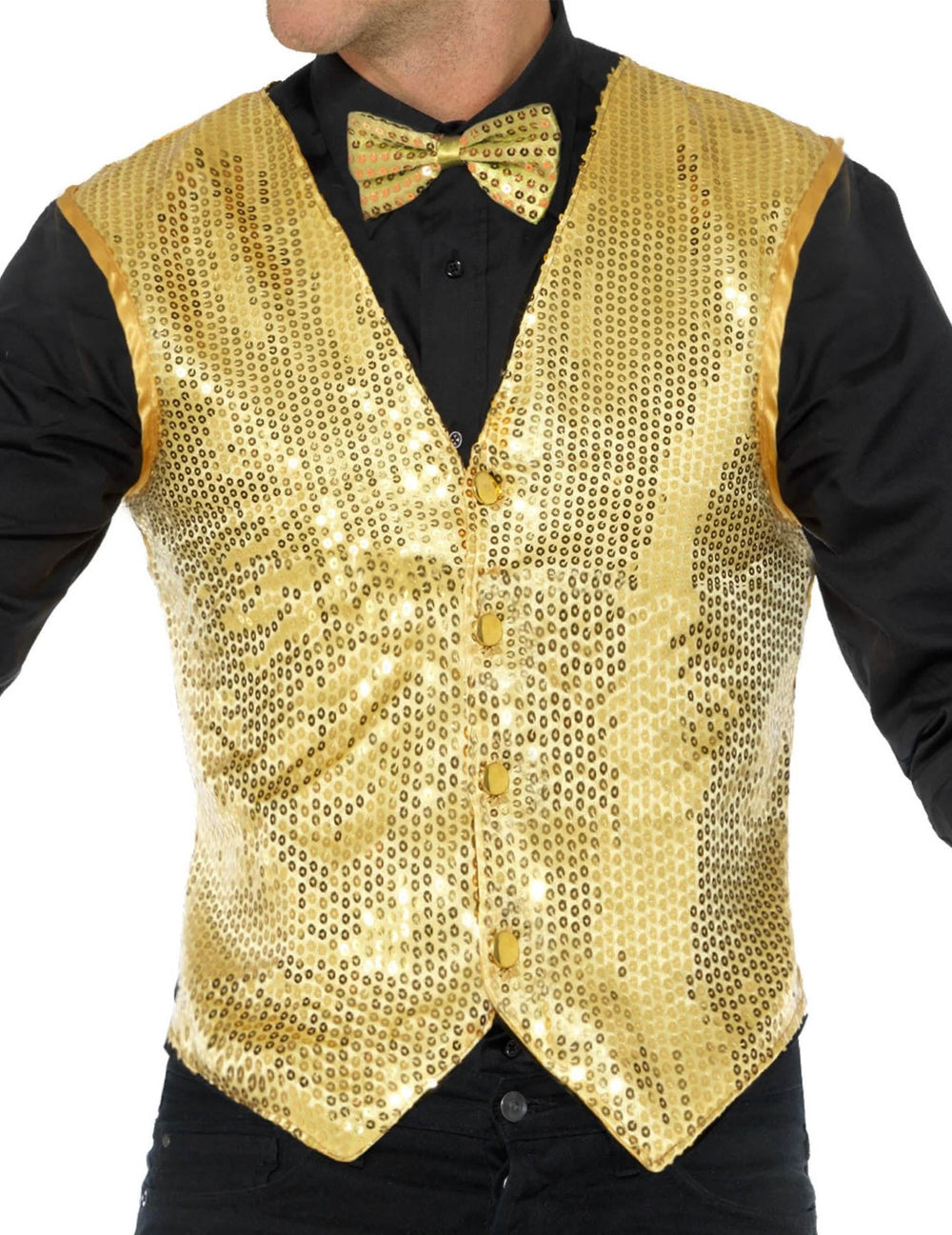 Detalhe da borboleta e dos lantejoulas do colete dourado com lantejoulas para adulto