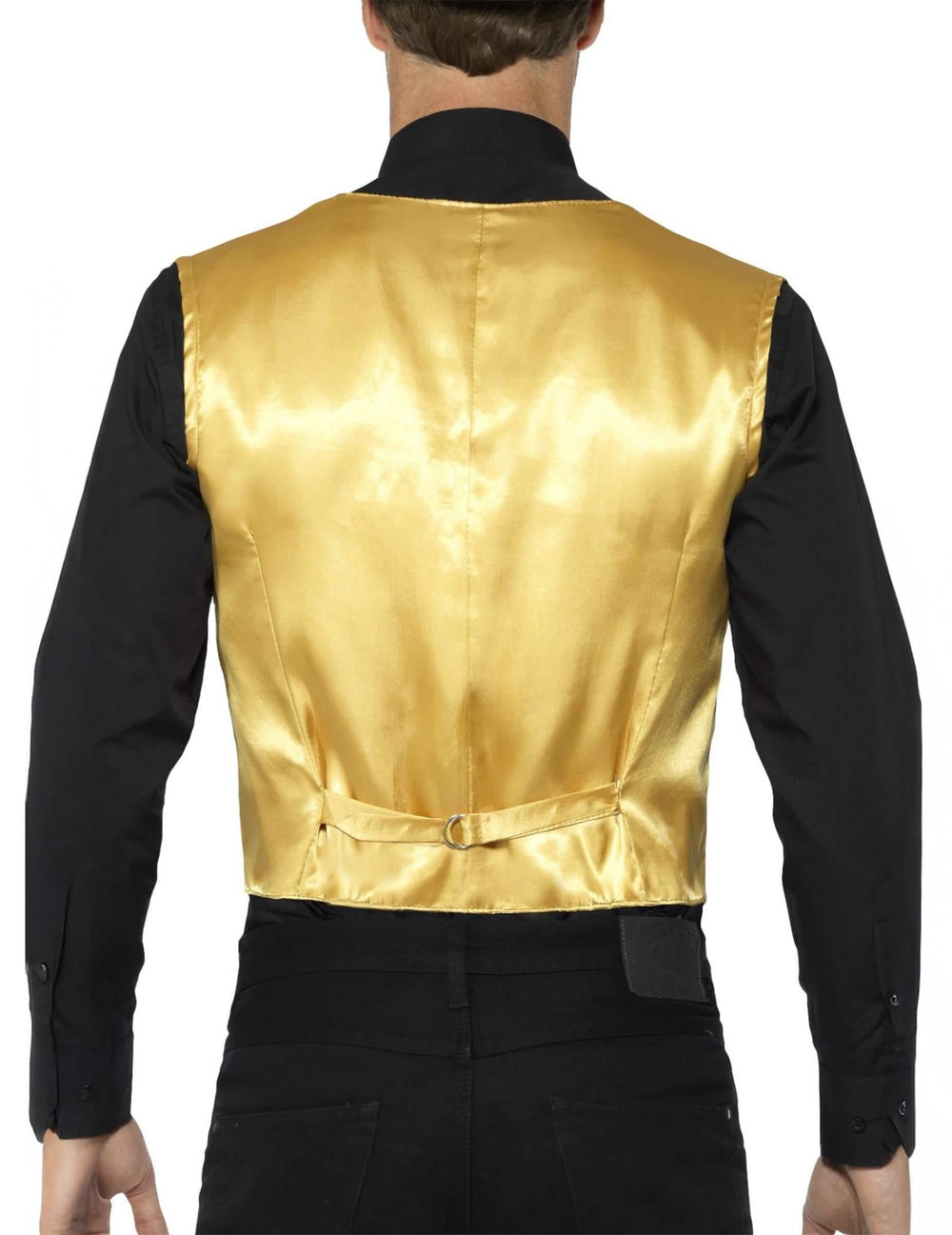 Vista de trás do colete dourado com lantejoulas para adulto