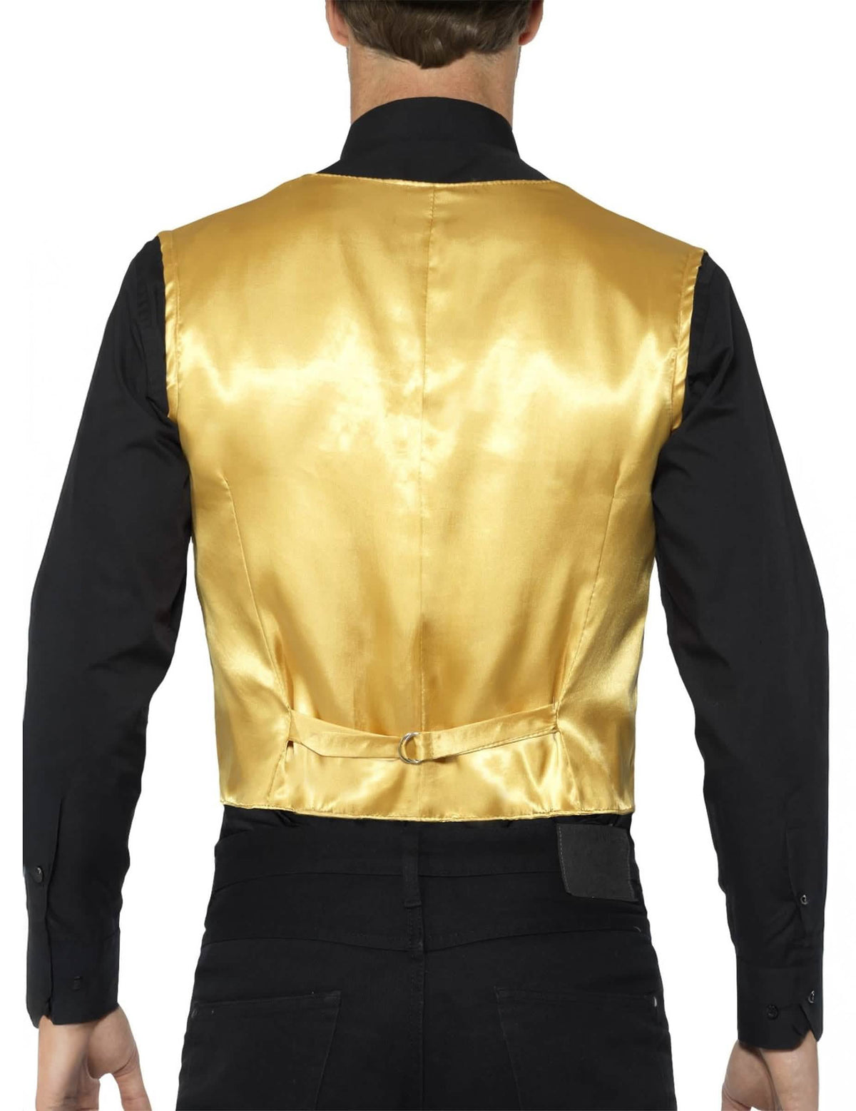 Vista de trás do colete dourado com lantejoulas para adulto
