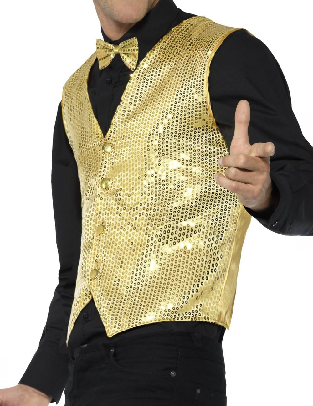 Vista de perfil do colete dourado com lantejoulas para adulto