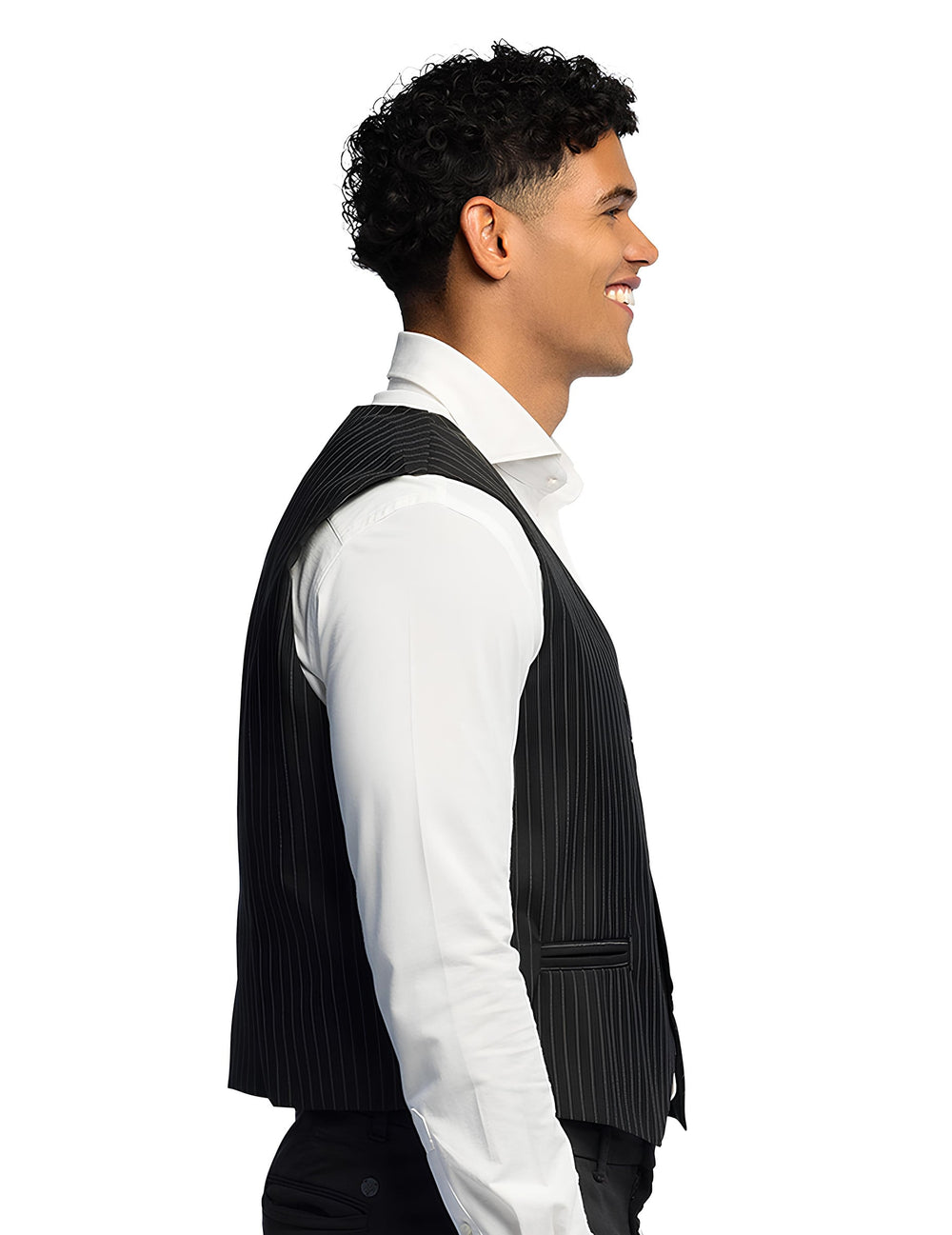 Vue de profil du gilet rayé pour homme noir à fines rayures blanches