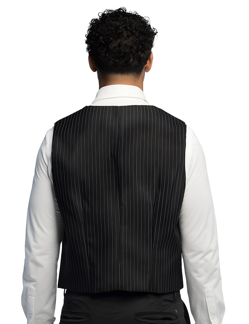 Vue de dos du gilet rayé pour homme noir à fines rayures blanches