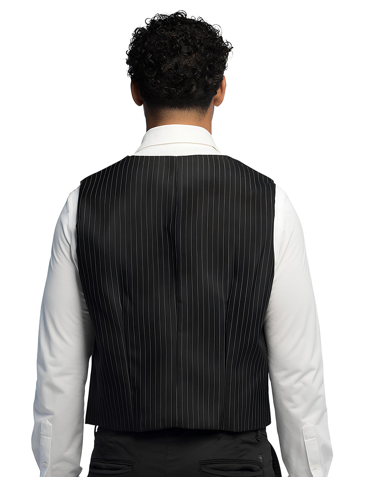 Vue de dos du gilet rayé pour homme noir à fines rayures blanches
