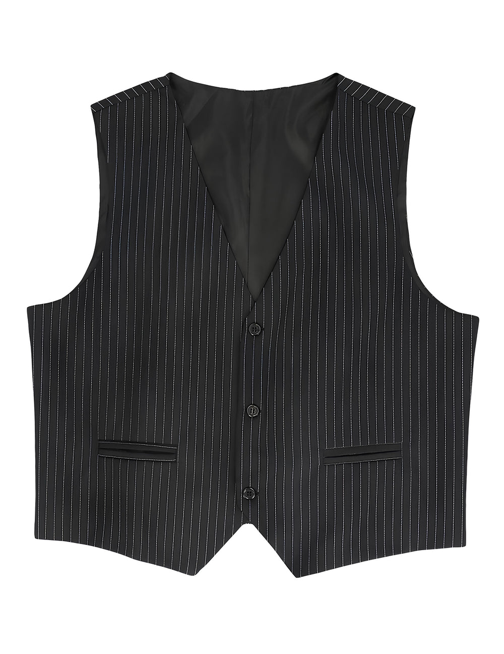 Vue de face du gilet rayé pour homme noir à fines rayures blanches