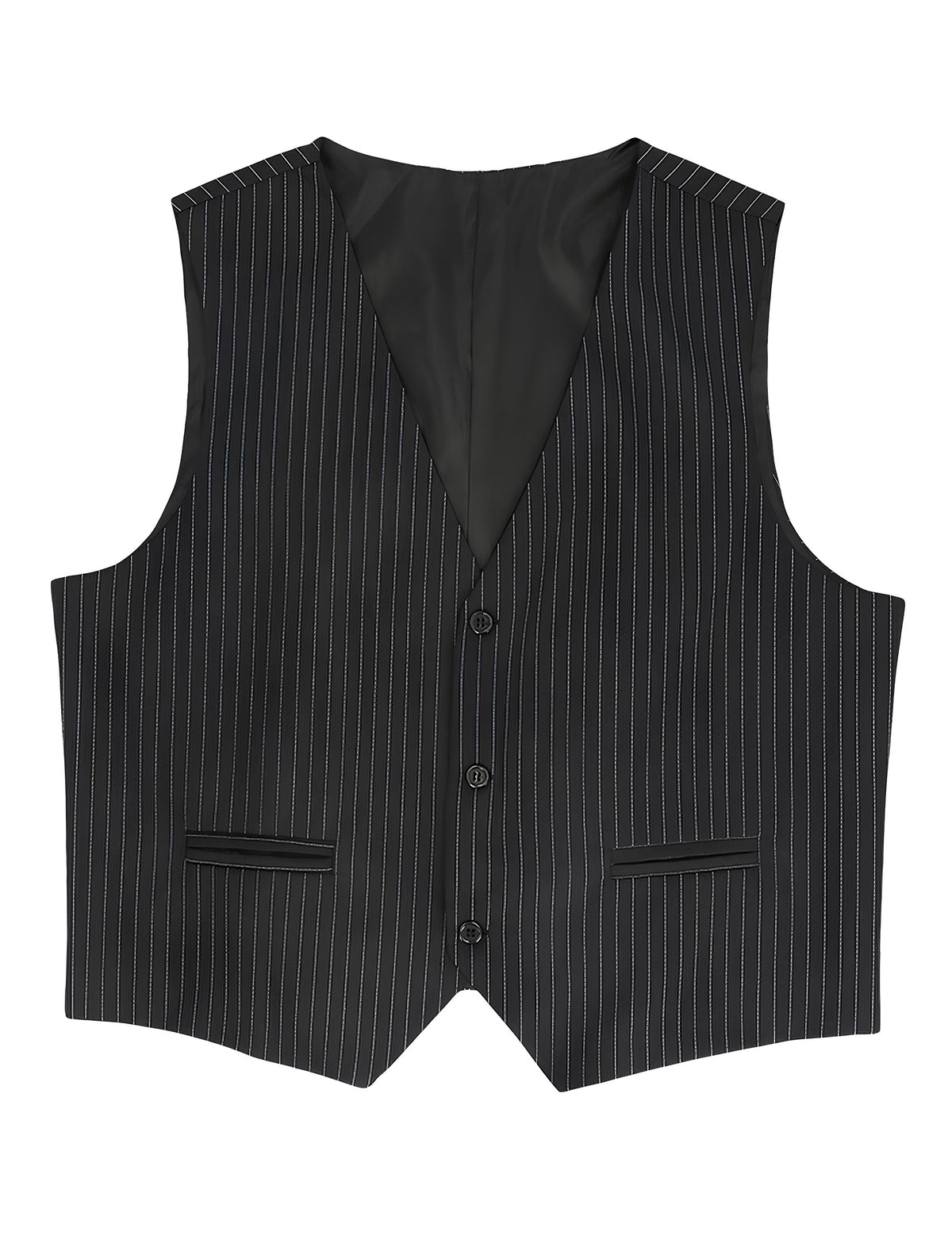 Vue de face du gilet rayé pour homme noir à fines rayures blanches