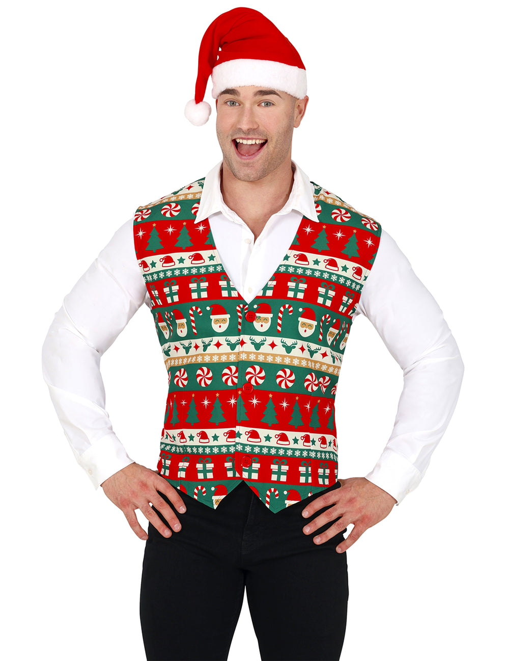 Gilet de Noël pour adulte rouge et vert à motifs festifs de sapins et sucres d'orge