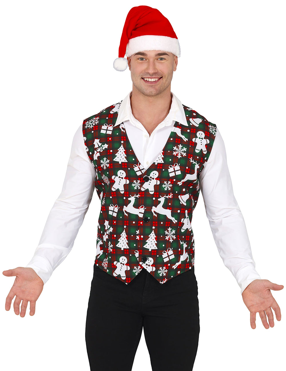 Gilet tartan et motifs de Noël pour adulte rouge et vert à imprimés de fête