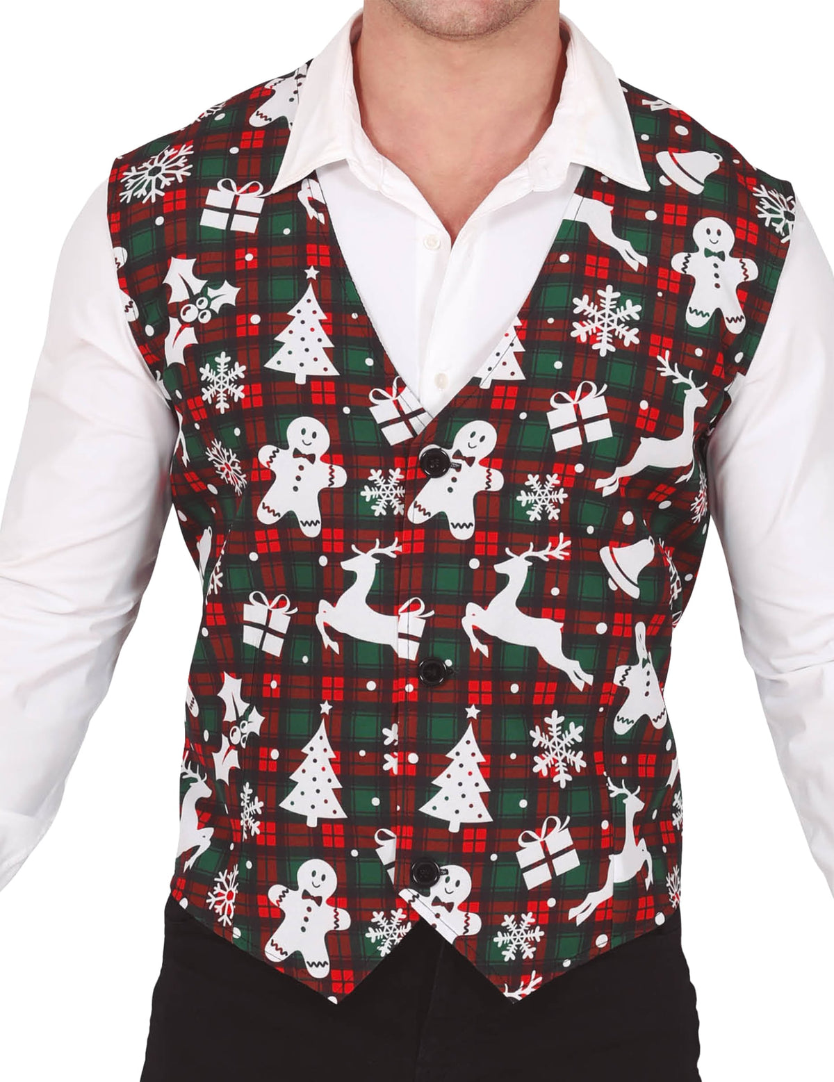 Gros plan sur l'avant du gilet tartan et motifs de Noël