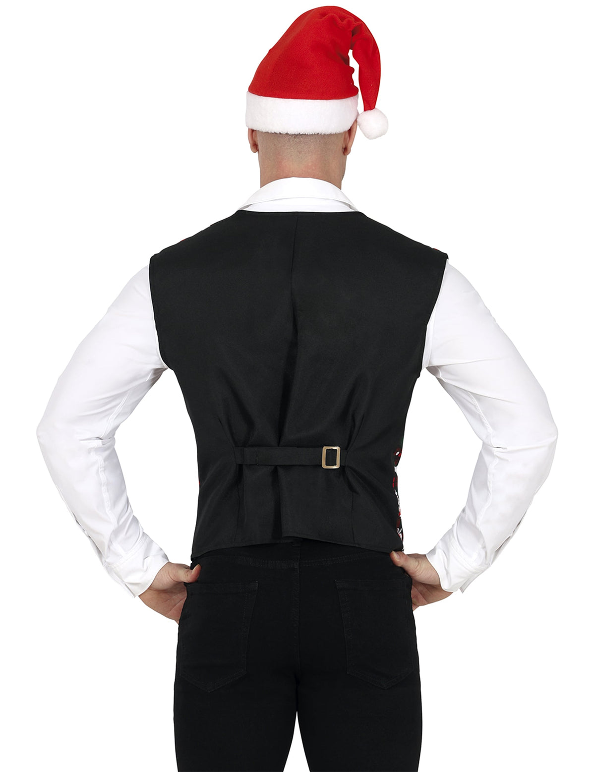 Vue de dos du gilet tartan et motifs de Noël