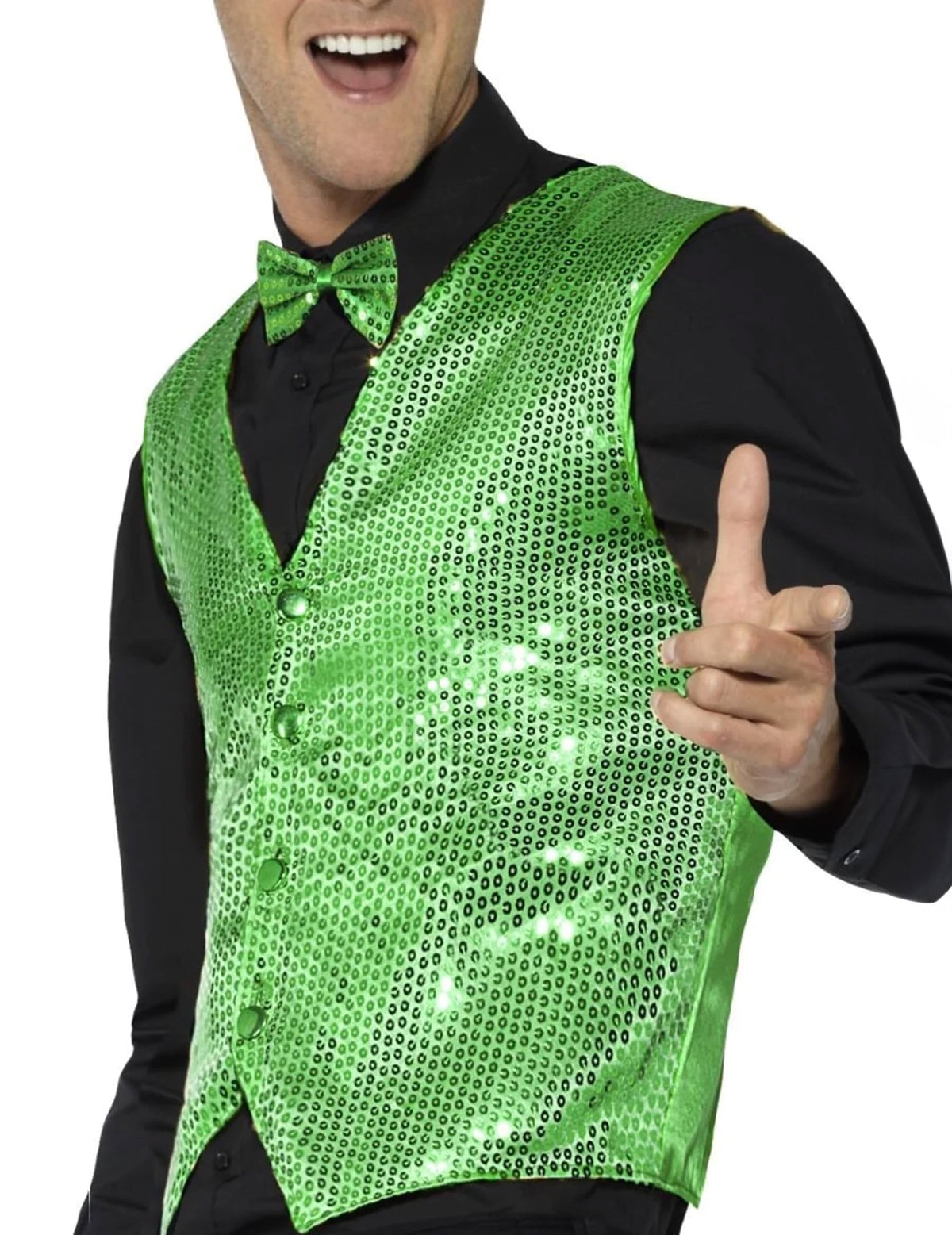 Gros plan sur les sequins et le nœud papillon du gilet à sequins pour adulte