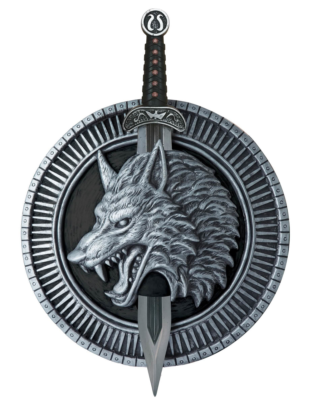 Lança e escudo de guerreiro com lobo para adulto prateado com cabeça de lobo esculpida