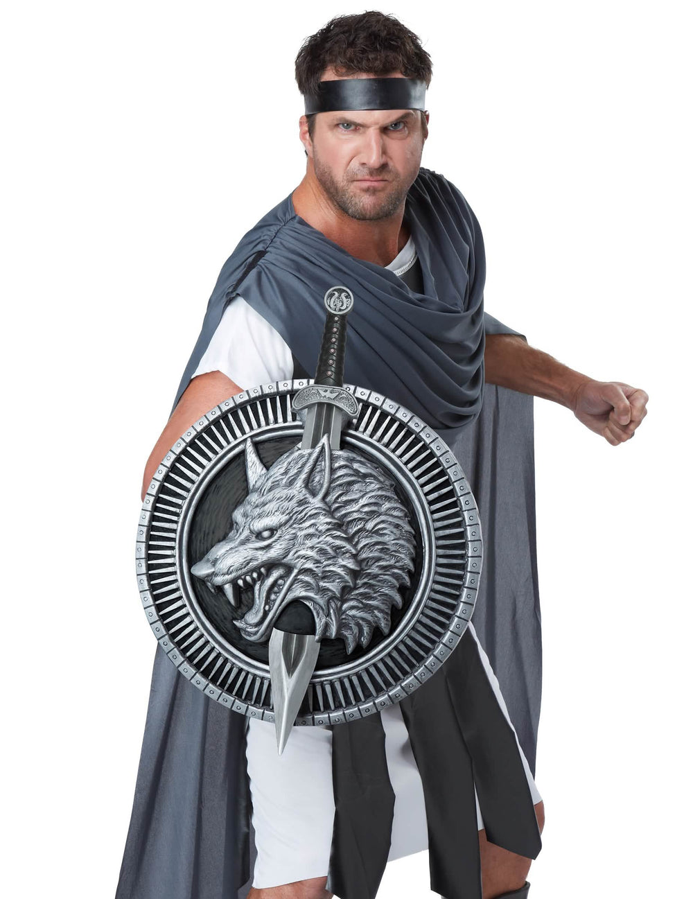 Mão a mão do gládio e escudo de guerreiro com lobo