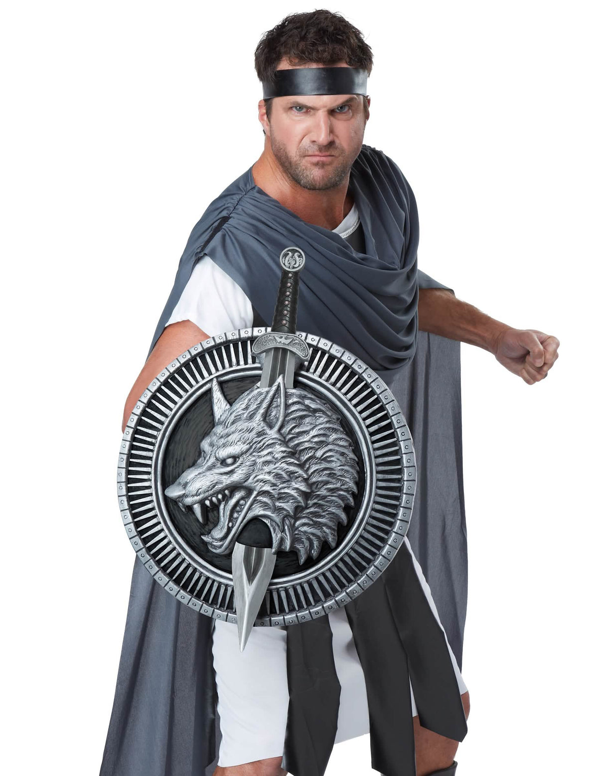 Mão a mão do gládio e escudo de guerreiro com lobo