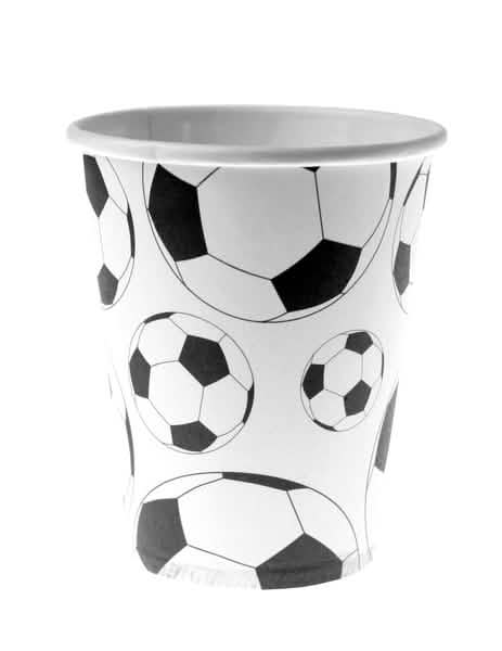 Copo de cartão com bola de futebol branco e preto com motivos de balões
