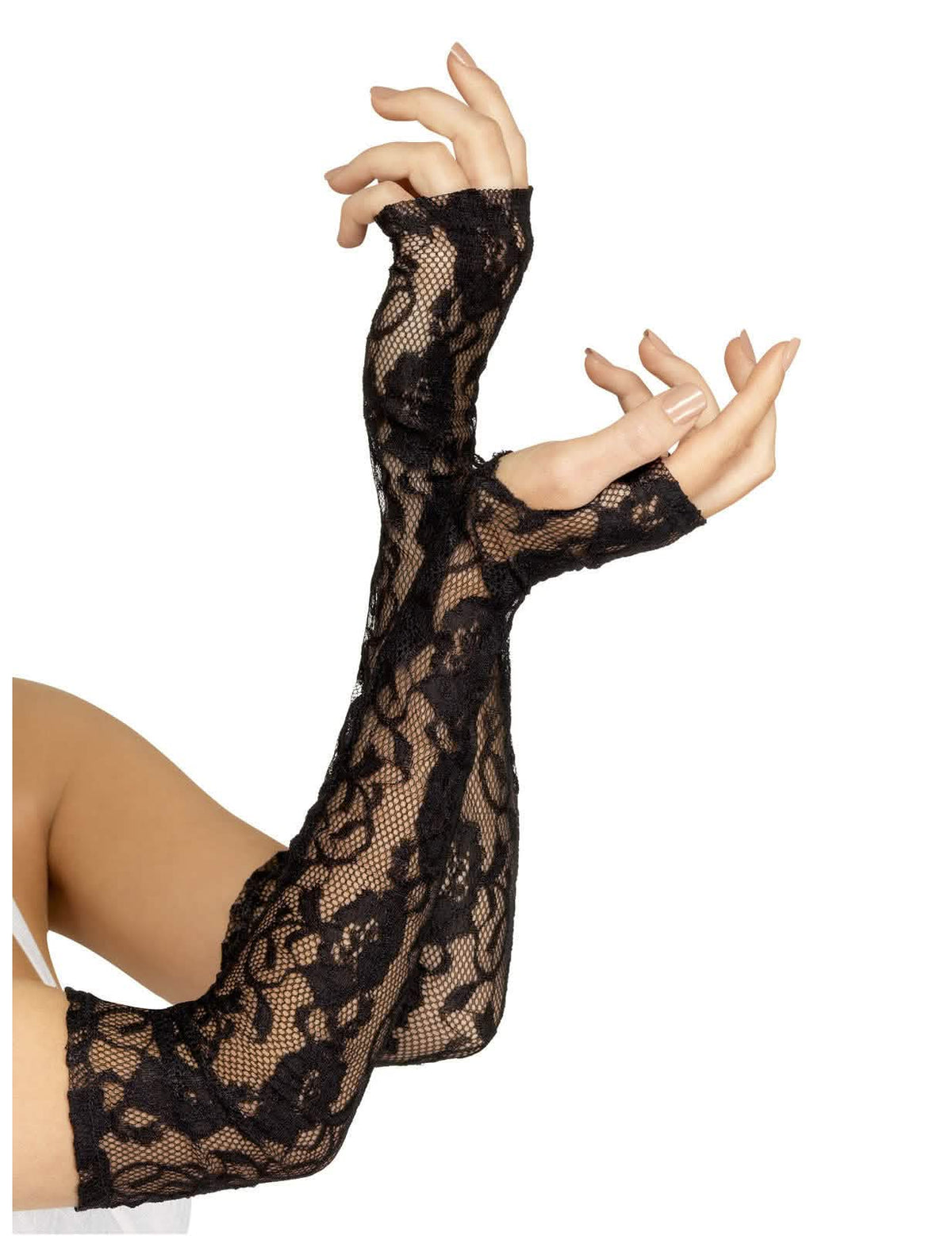 Detalhe da renda das luvas compridas em renda para mulher negra