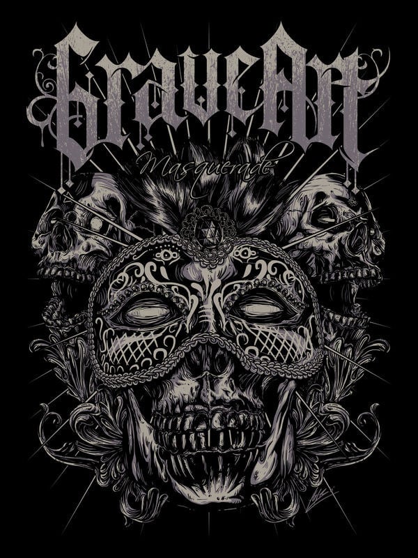 Gros plan sur le motif du T-shirt GraveArt Masquerade